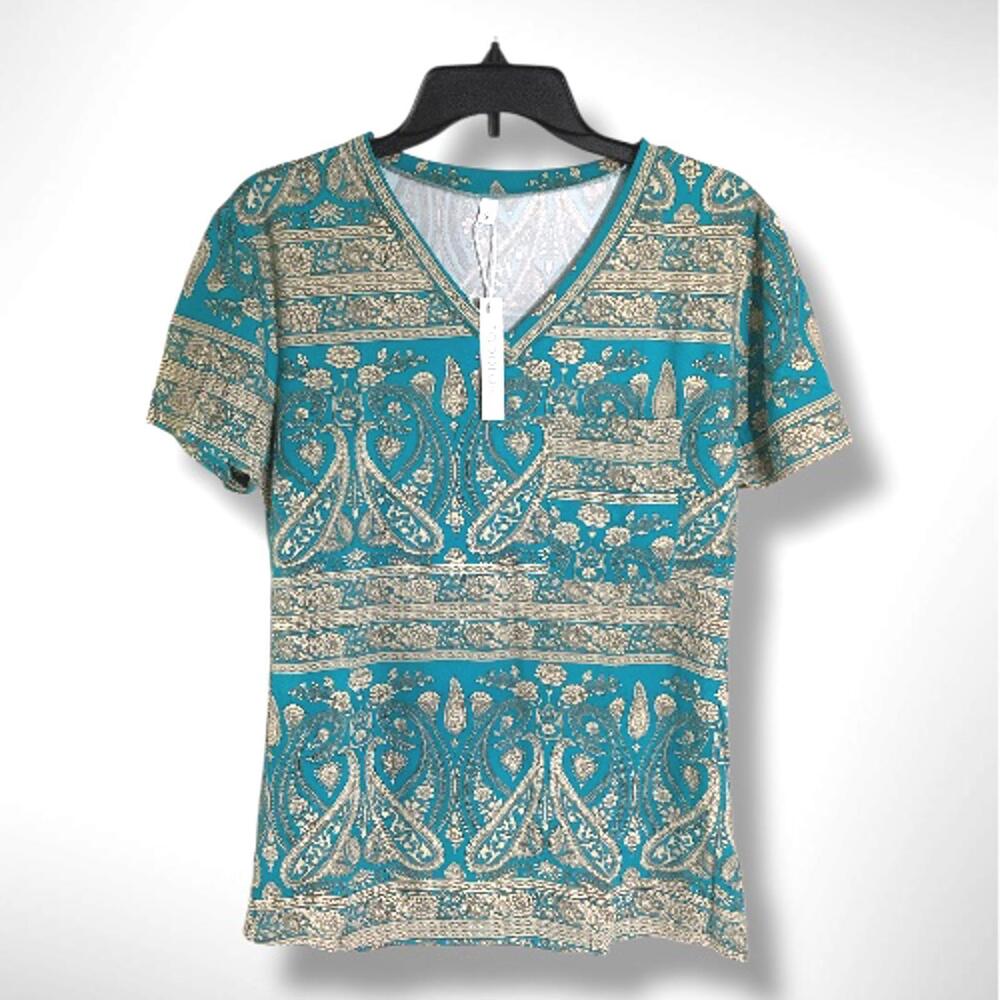 NWT Todolor Short Sleeve V Neck Boho Tunic Loose Fit Blouse, Small (4-6)